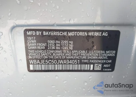 2018 BMW 540I I z USA, uszkodzony, nr VIN WBAJE5C50JWA94051